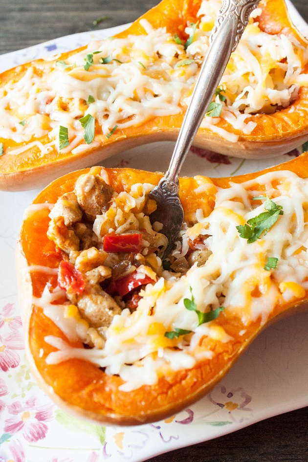 Roasted Butternut Squash Boats with Grilled chicken and Vegetables