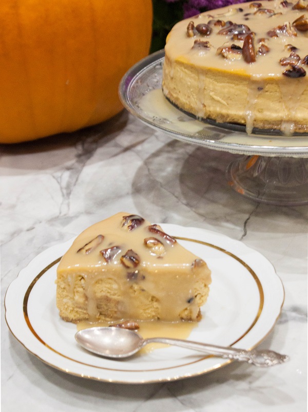 Pumpkin Cheesecake with toasted Pecans and Maple Syrup