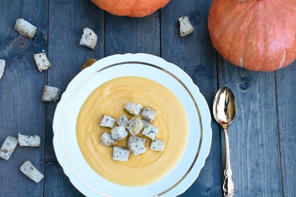 Pumpkin Cream Soup with Sweet Potatoes and Croutons